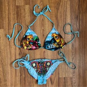 ED HARDY Vintage Y2K Rare Light Blue Koi Fish Skull String Triangle Bikini Set